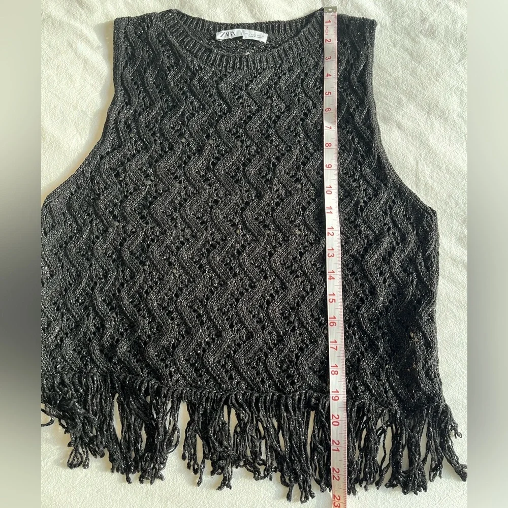 Zara Black Crochet Knit Fringe Hem Top Metallic Thread Festival Wear Boho Chic - Picture 7 of 9
